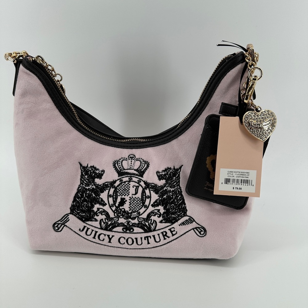 NEW‎ Juicy Couture Classic Scottie Dogs Hobo Bag Chiffon Pink Velour 11JCDRBX-CP